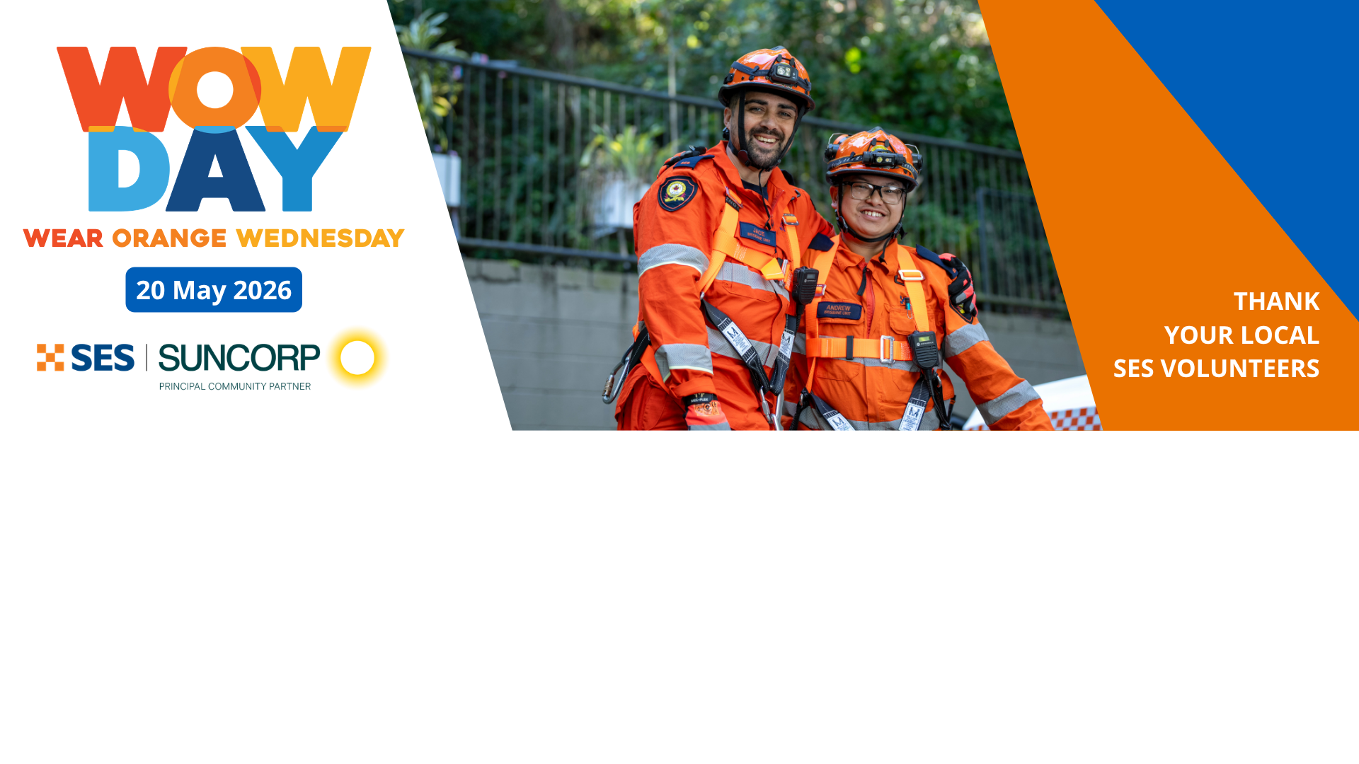 WOW Day banner with two SES volunteers standing together smiling.