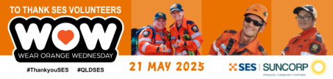 An email signature banner with text To thank SES volunteers above stylised text of W O W above Wear Orange Wednesday on the left, and on the right are three photos of SES volunteers in orange uniforms above the text 21 May 2025.